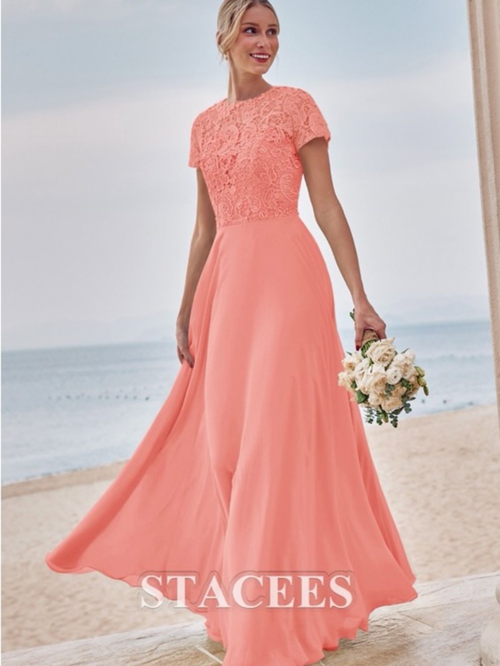Coral Lace Bodice Formal Dress